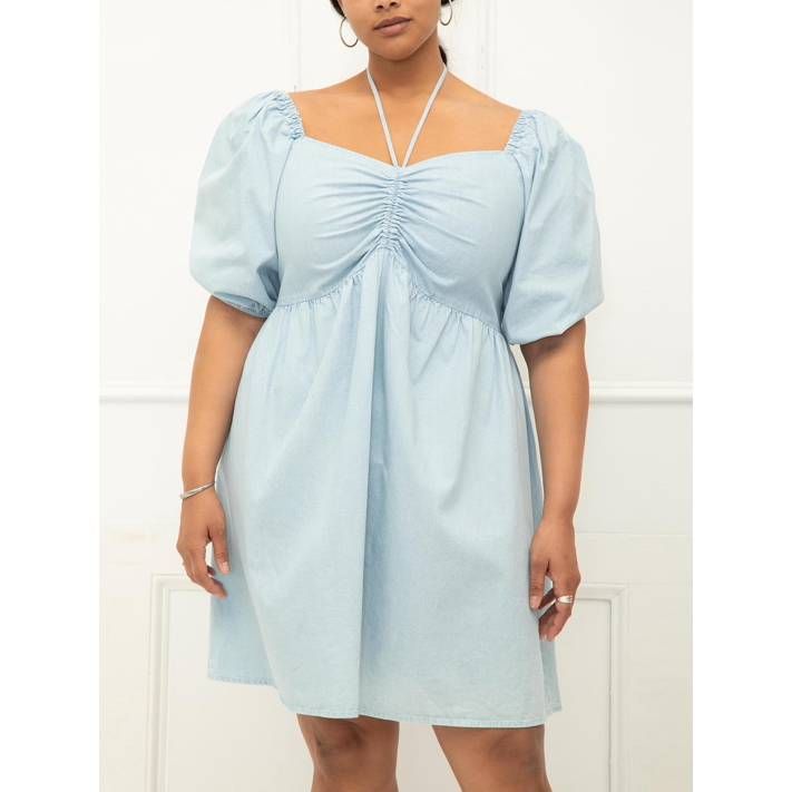 Eloquii Elements Women's Chambray Tie Neck Puff Sleeve Dress | Walmart (US)