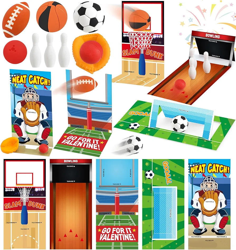 30 Pack Valentine Sports Cards for Kids with Mini Sports Ball Erasers, Bulk Valentines Party Favo... | Amazon (US)