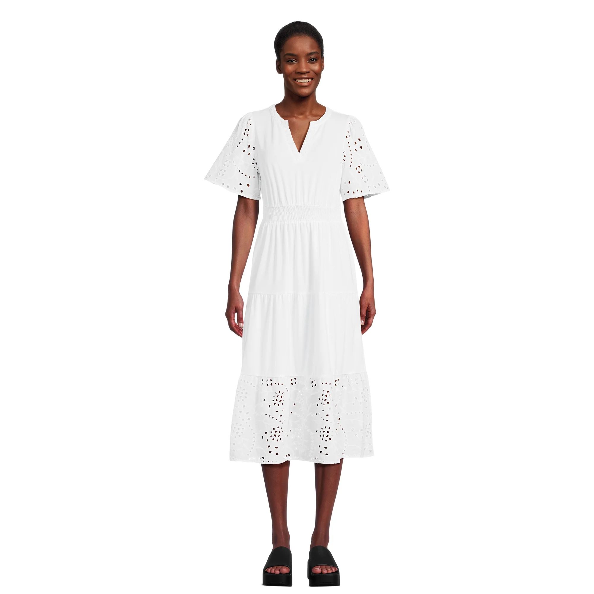 The Pioneer Woman Eyelet Smocked Waist Ruffle Dress with Short Sleeves, Women's, Sizes XS-XXXL | Walmart (US)