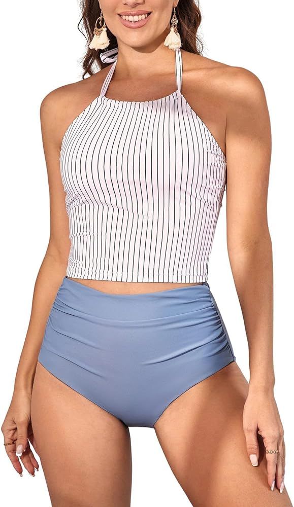 Eomenie Womens Tankini Swimsuit Tummy Control Halter Slimming Two Piece Bathing Suit Top with Hig... | Amazon (US)