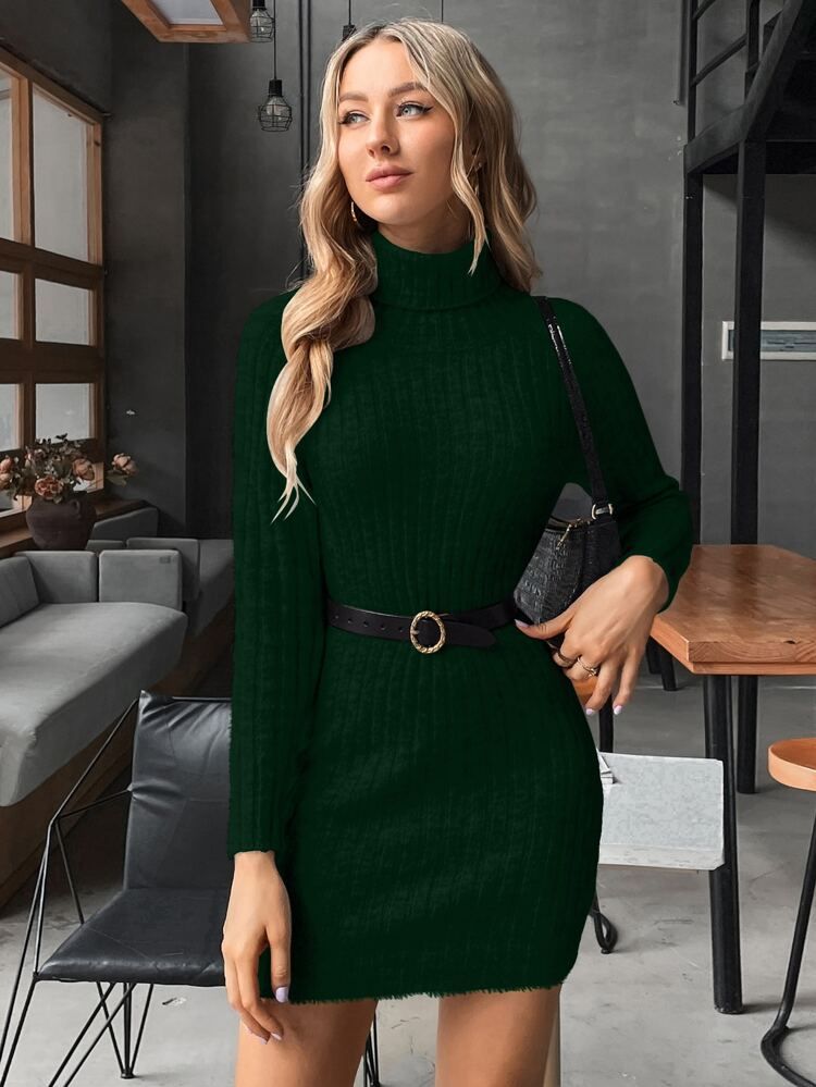 High Neck Ribbed Knit Sweater Dress Without Belt | SHEIN