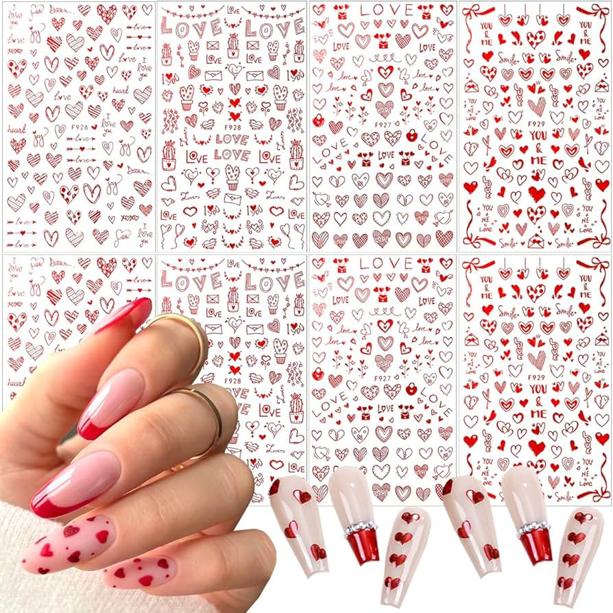 8 Sheets Heart Nail Art Stickers - Love Hearts Nail Decals for Women 3D Self Adhesive Valentine... | Amazon (US)