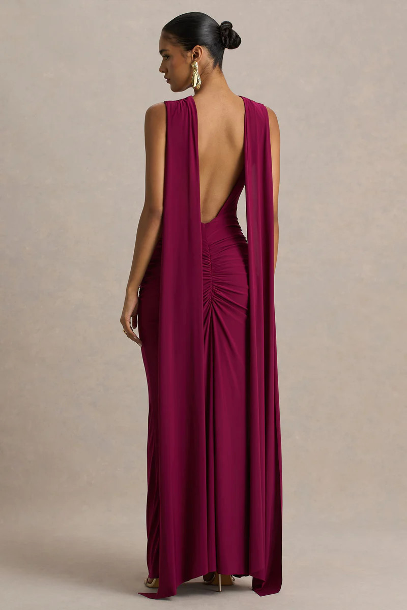 Premiere  Burgundy Boat-Neck Maxi Dress With Open-Back And Cape-Sleeves | Club L London