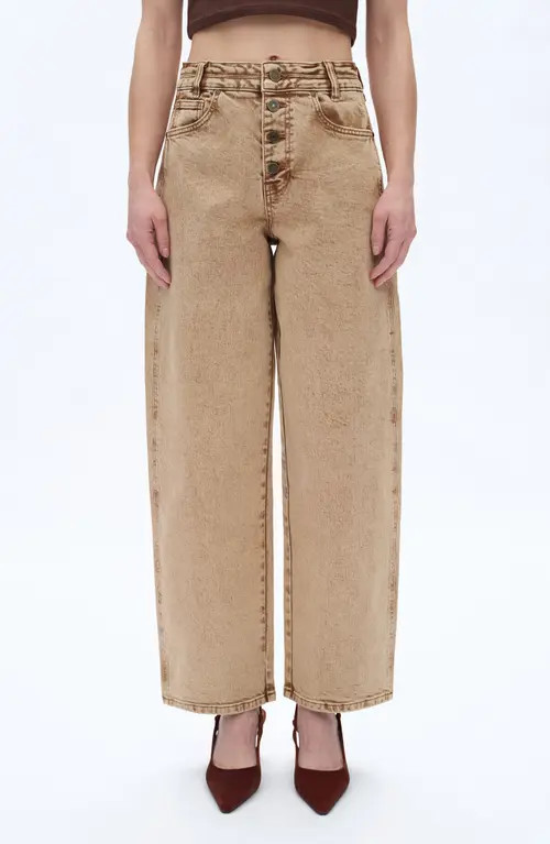 Bayeas Exposed Button High Waist Barrel Jeans in Khaki at Nordstrom, Size 32 | Nordstrom