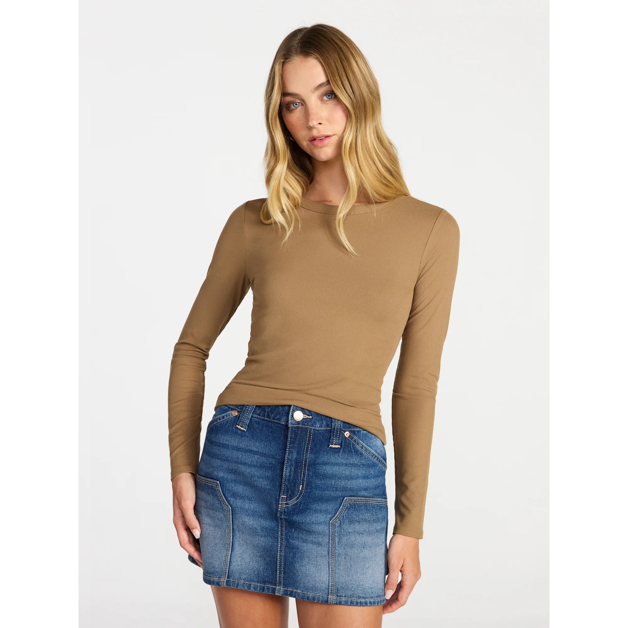 No Boundaries Crew Ribbed Tee with Long Sleeves, Women's XXS-XXL | Walmart (US)