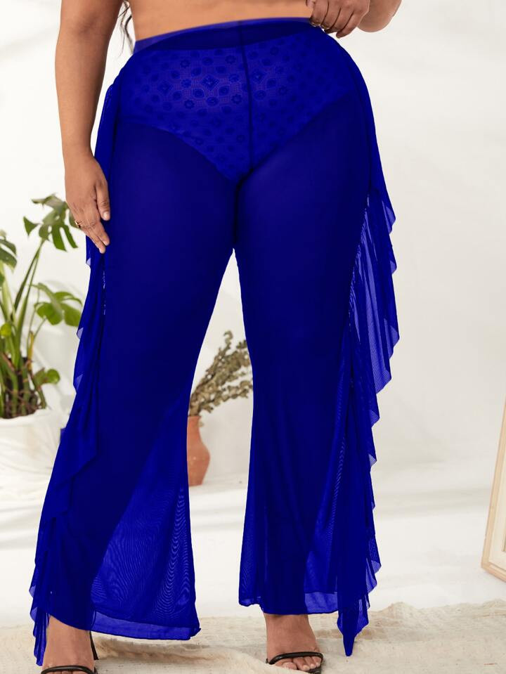 Plus Plain Ruffle Sheer Mesh Cover Up | SHEIN