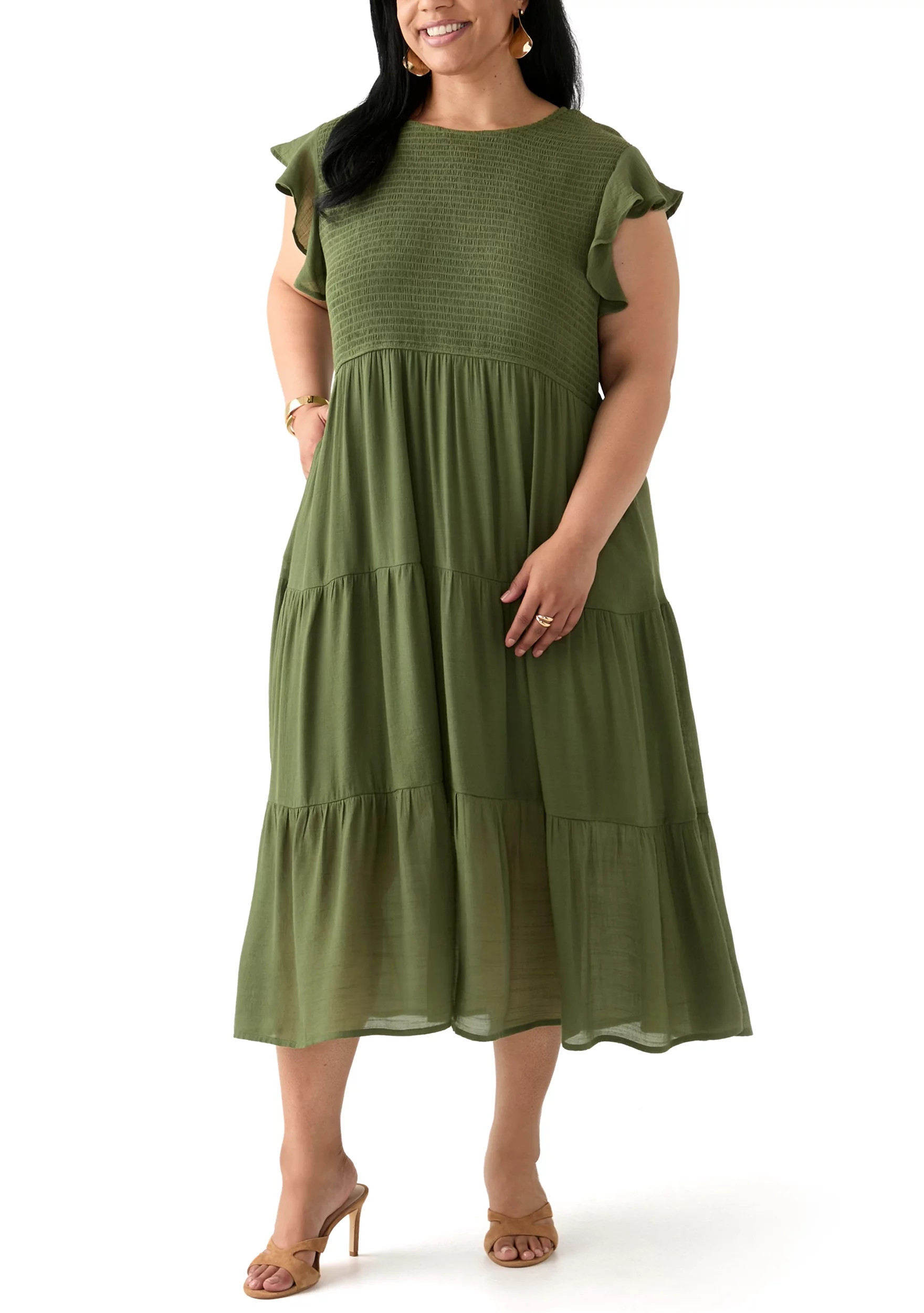 Plus Size Flutter Sleeve Smocked Fit and Flare Dress | Belk
