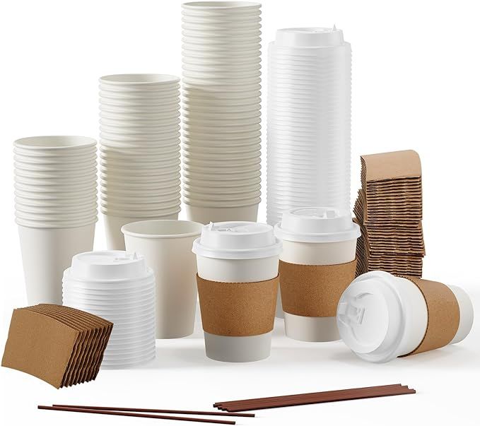 JOLLY PARTY 12 oz Disposable Paper Coffee Cup with Lids, Sleeves, and Stirrers, Hot/Cold Beverage... | Amazon (US)