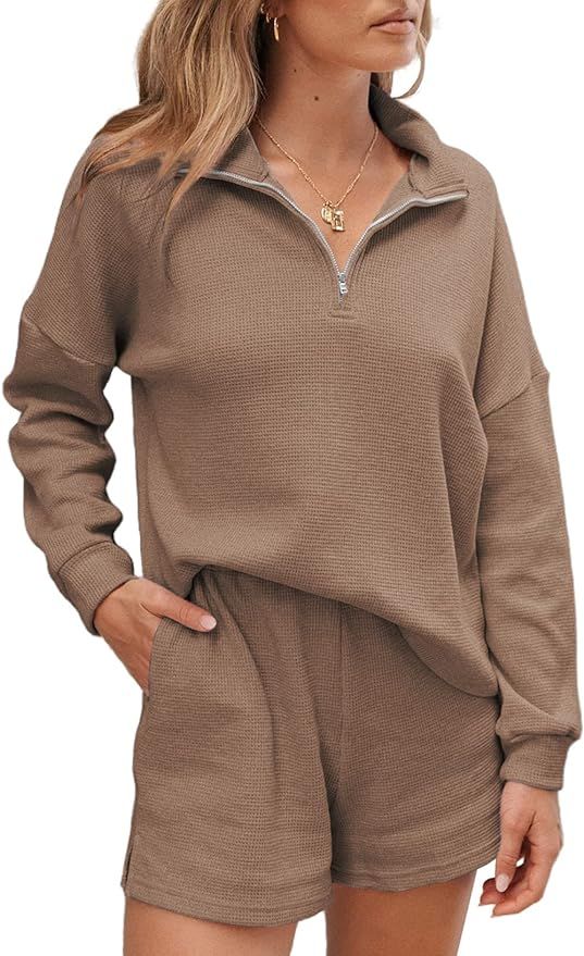 Aleumdr Women's Waffle Zipper Knit Long Sleeve Top and Shorts Pullover Nightwear Lounge Pajama Se... | Amazon (US)