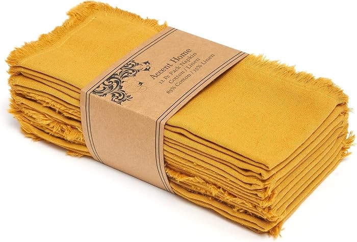 ACCENTHOME Mustard Cotton Linen Napkin Set of 12 18x18 inch Dinner Napkins     Cotton Linen Blend... | Amazon (US)