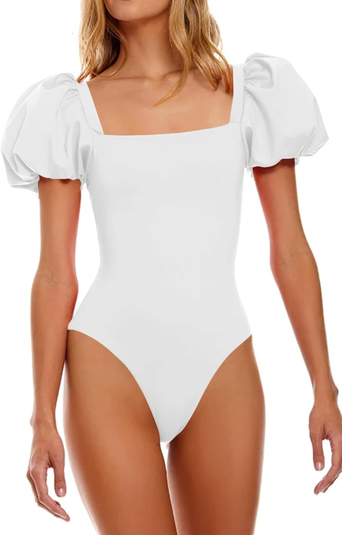 LANNEW Womens One Piece Swimsuit High Cut Swimwear Square Neck Bathing Suits Puff Sleeve Monokini... | Amazon (US)