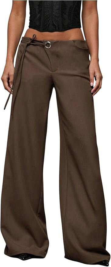GORGLITTER Women's Low Rise Waisted Dress Pants Wide Leg Straight Trousers Work Slacks Pants Busi... | Amazon (US)