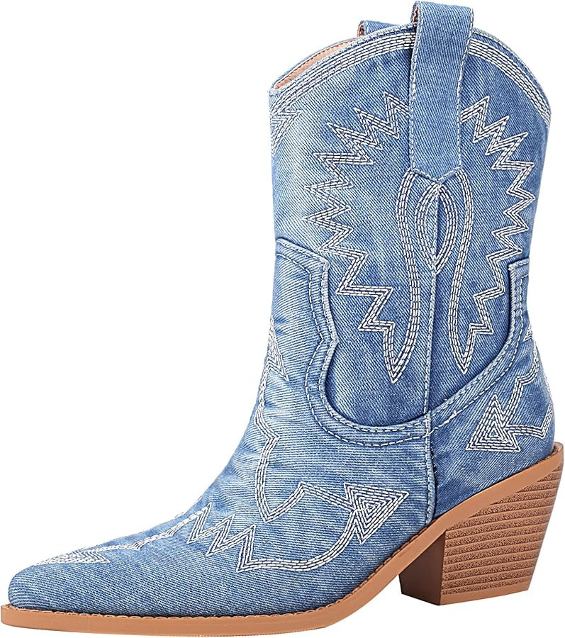 Reitoye Women's Embroidered Western Cowboy Boots Mid Calf Chunky Heel Pull-Up Tabs Classic Cowgir... | Amazon (US)