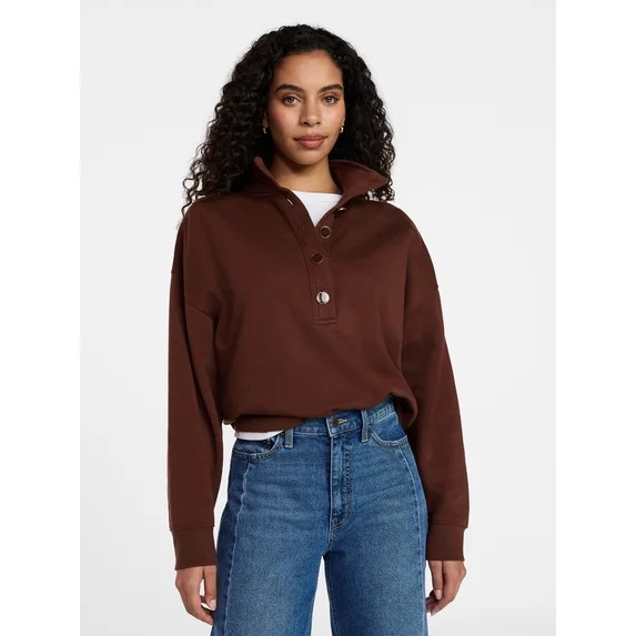 Time and Tru Women's Quarter Button Fleece Top with Long Sleeves, Size XS-XXXL | Walmart (US)