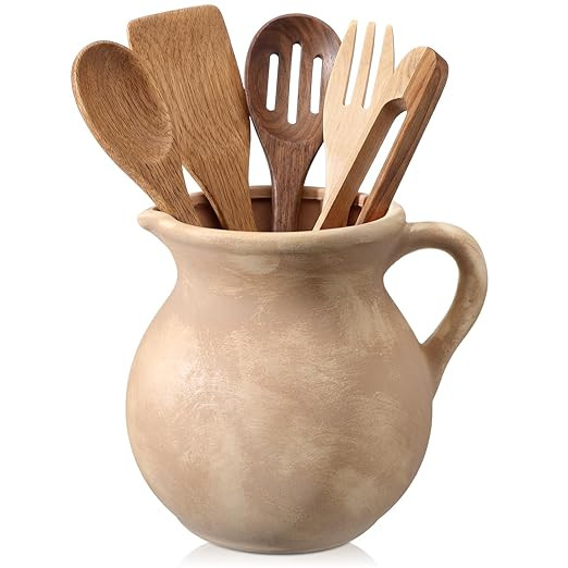 Rustic Kitchen Utensil Holder with Handle,7.48" H Ceramic Vintage Utensil Crock for Countertop, F... | Amazon (US)