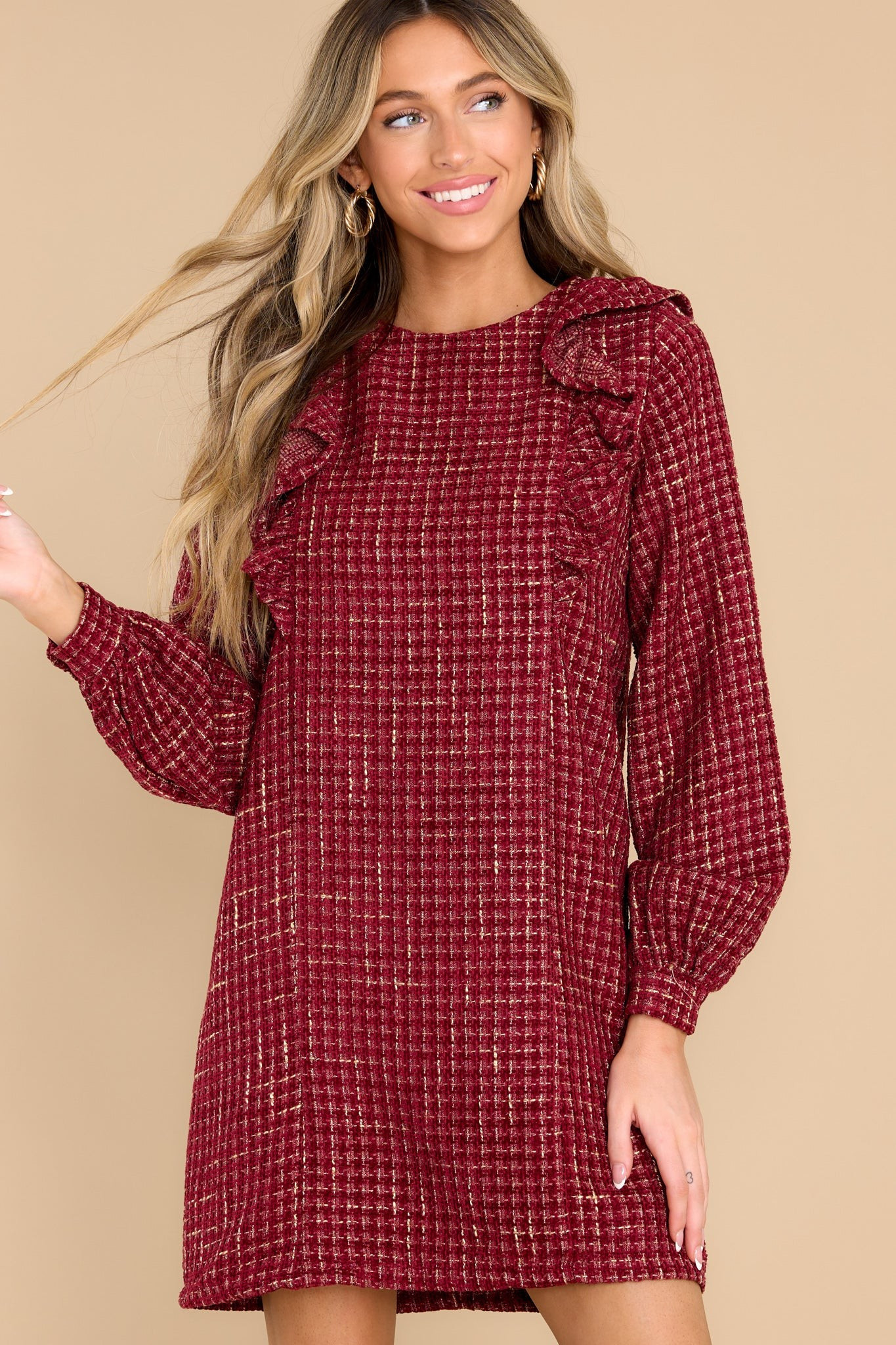 Feeling Gifted Burgundy Multi Tweed Dress | Red Dress 