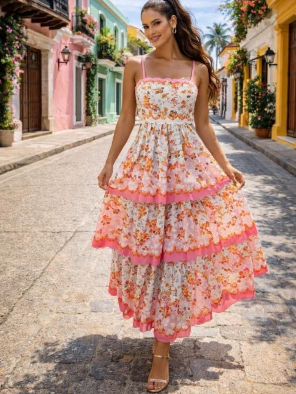 Floral Tiered Midi Dress with Pink Trim | Poshmark