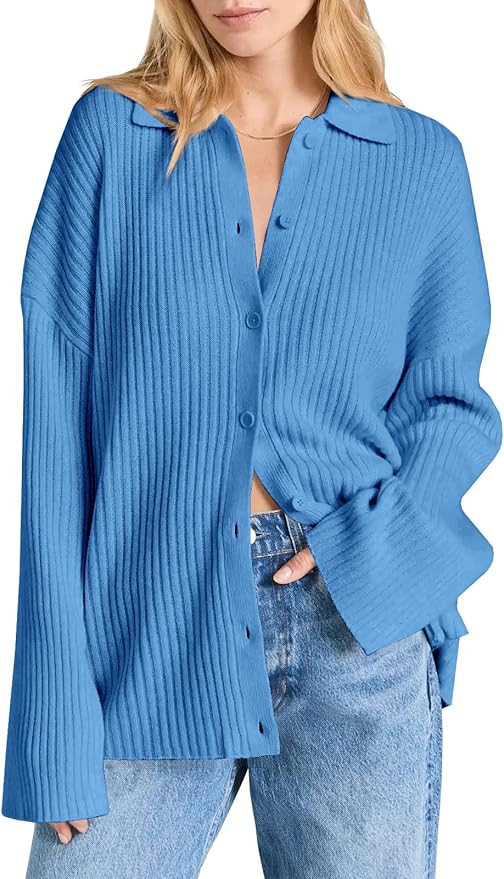 Danedvi Womens Collared Cardigan Sweaters Oversized Ribbed Knit Open Front Button Up Bell Sleeve ... | Amazon (US)