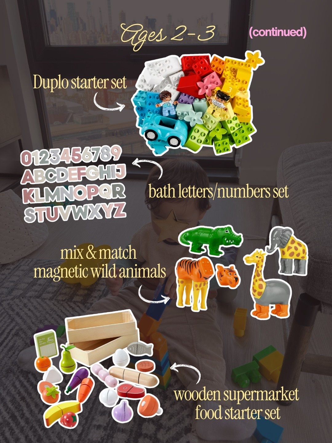 Ages 2–3 (continued) Duplo starter set · bath letters/numbers set · mix & match magnetic wild animals · wooden supermarket food starter set

#LTKmomlife #LTKBaby #LTKKids