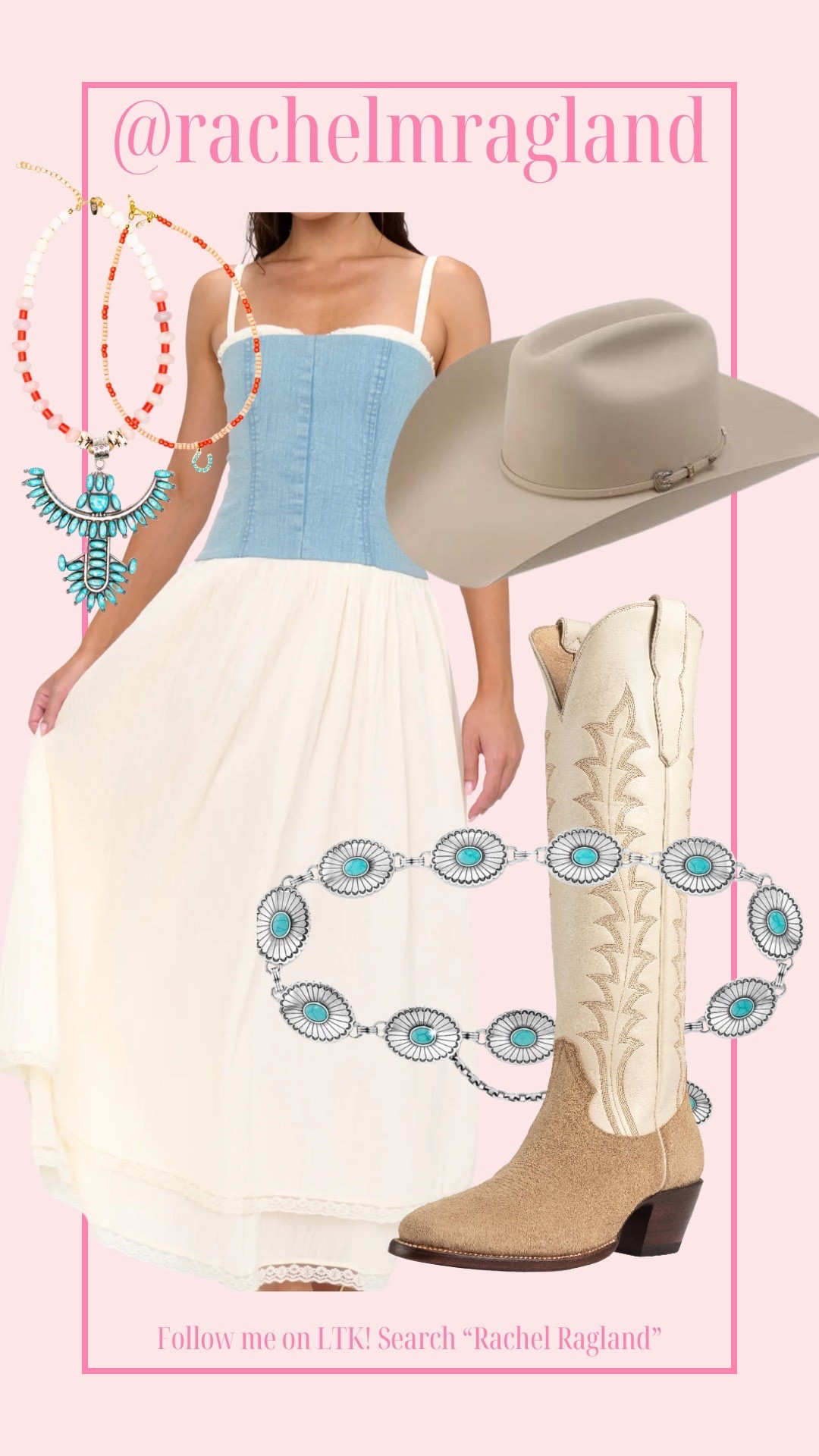 Western looks. Rodeo dress. Turquoise jewelry. Cowboy hat. City boots  