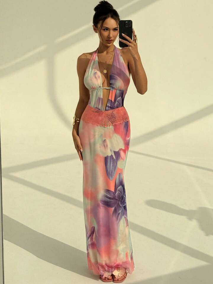 Aloruh New Romantic Pink Tie Dye Floral Mesh Print Sexy Backless Cold Shoulder Deep V Neck Ruched... | SHEIN
