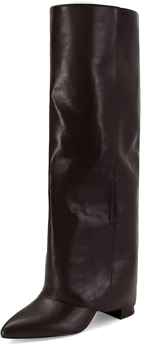 Dsevht Black Leather Knee High Boots for Women Fold Over Chunky High Heel Pull on Pointed Toe Tal... | Amazon (US)