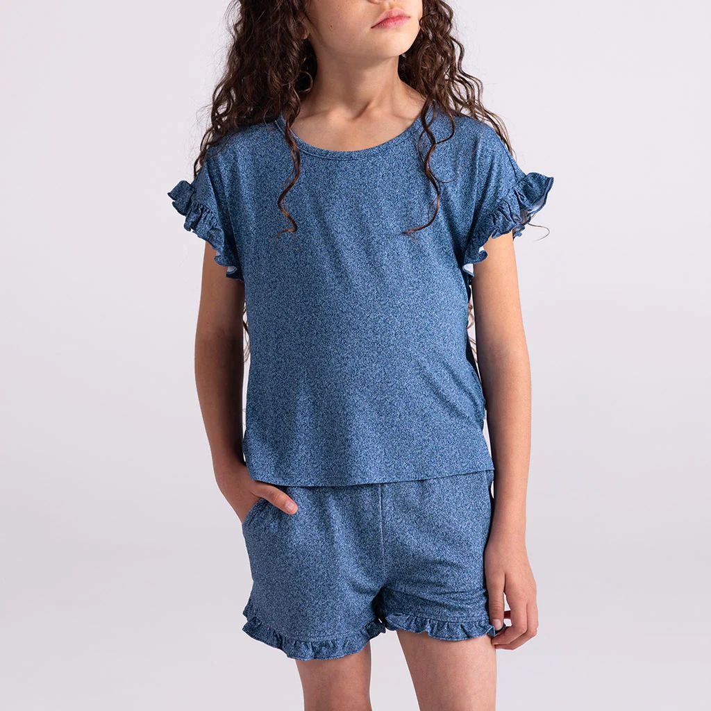 Denim Blue Toddler Girl Ruffled Terry Shorts | Indigo Denim | Posh Peanut