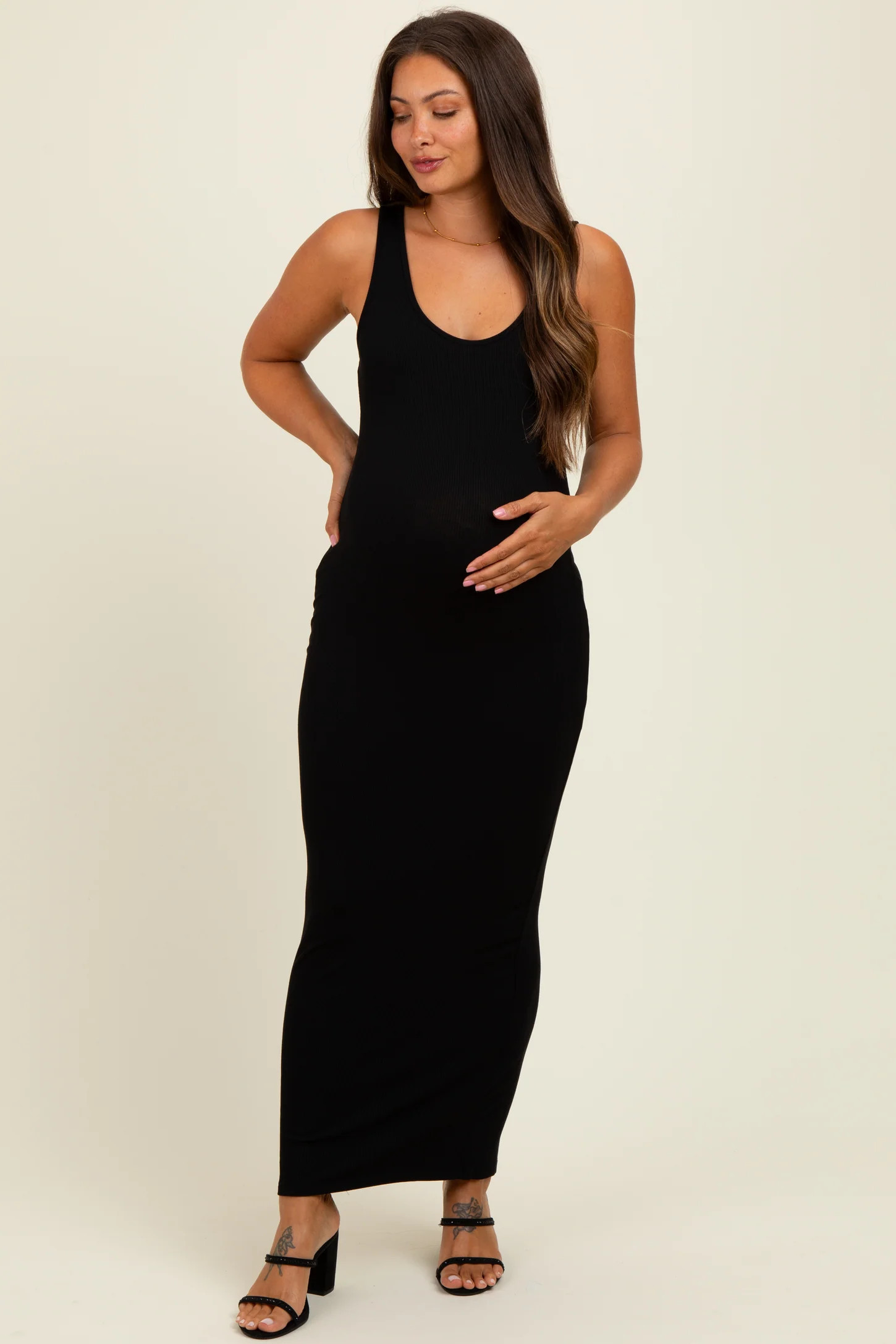 Black Scoop Neck Sleeveless Rayon Rib Maternity Maxi Knit Dress | PinkBlush Maternity
