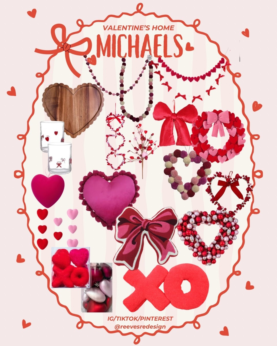 Valentines Day decor, heart decor, pillows, wreaths,garlands, icon drinking glasses, wood heart board