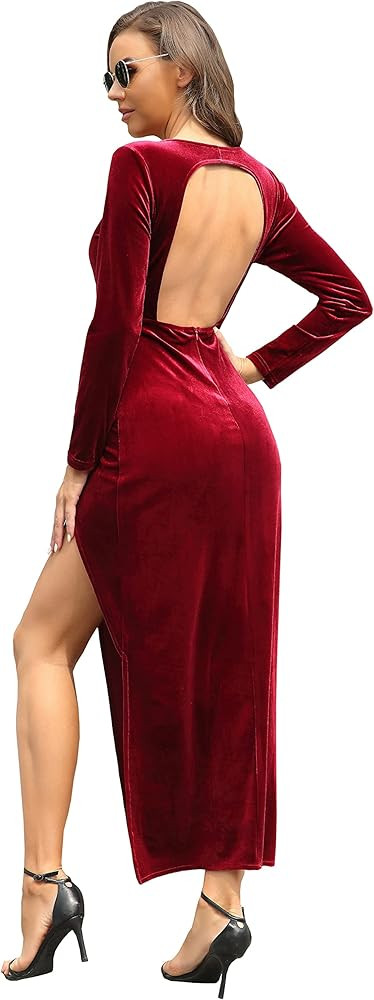 Capuffy Women's Sexy Backless Ruched Velvet Cocktail Party Dress High Side Slit Long Sleeve Velve... | Amazon (US)