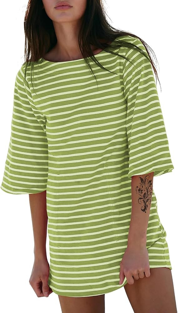 EXLURA Women's Summer T Shirt Dress Casual Short Sleeve Loose Striped Mini Dresses 2026 Vacation ... | Amazon (US)