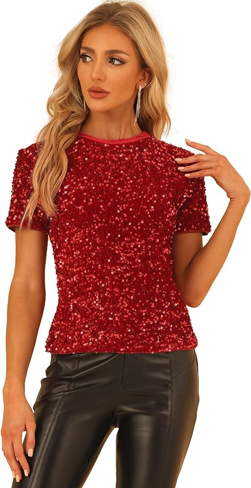Allegra K Sequin Top for Women's Velvet Crew Neck Short Sleeve Party Clubwear Blouse | Amazon (US)