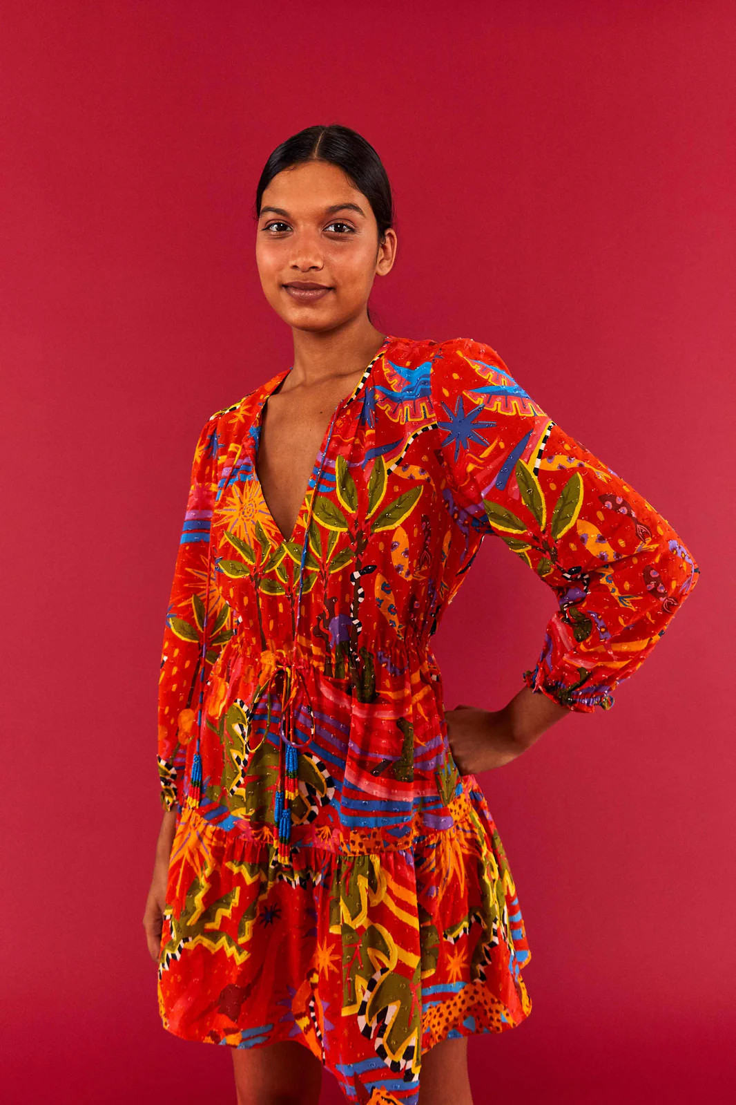 RED MAGIC FOREST V NECK MINI DRESS | FarmRio (US)