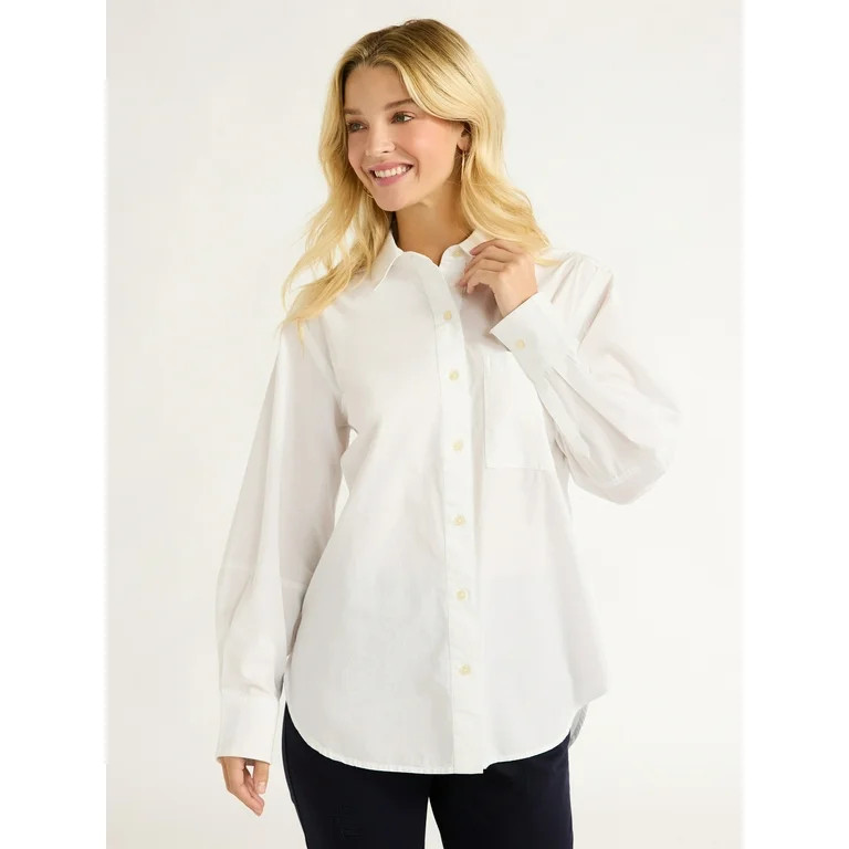 Free Assembly Women’s Button Front Boxy Cotton Tunic Shirt with Long Sleeves, Sizes XS-XXL | Walmart (US)