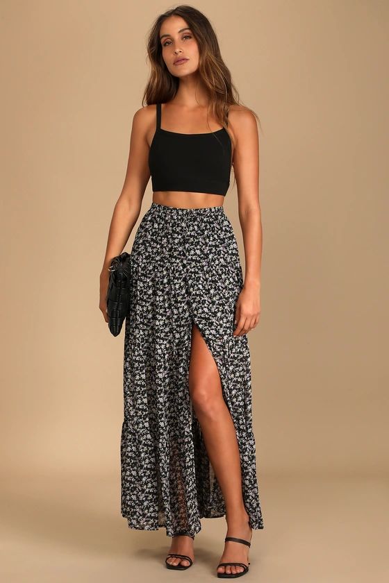 Subtle Sweetness Black Floral Print Tiered Maxi Skirt | Lulus (US)