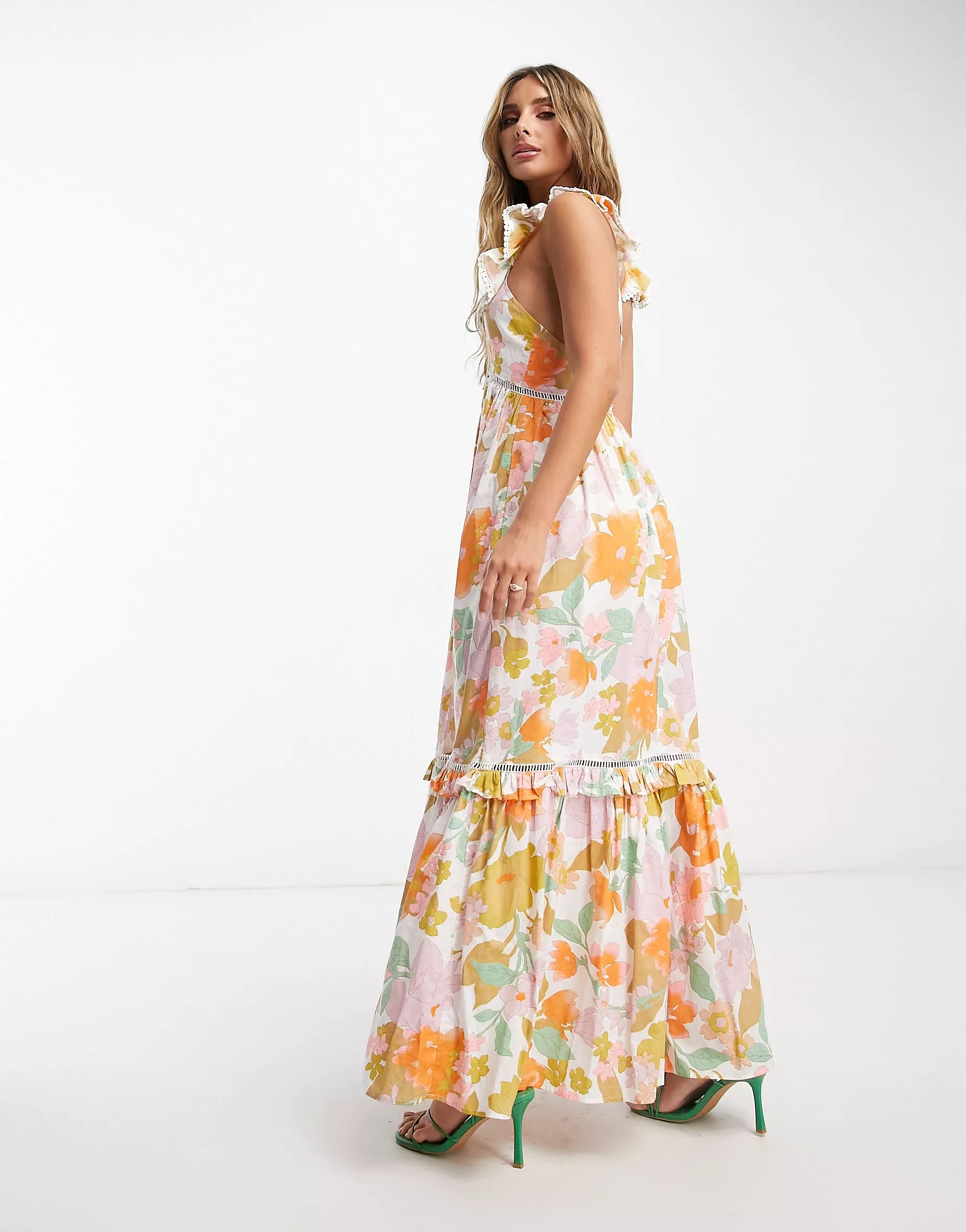 ASOS DESIGN ruffle maxi sundress with lace inserts in retro floral | ASOS (Global)