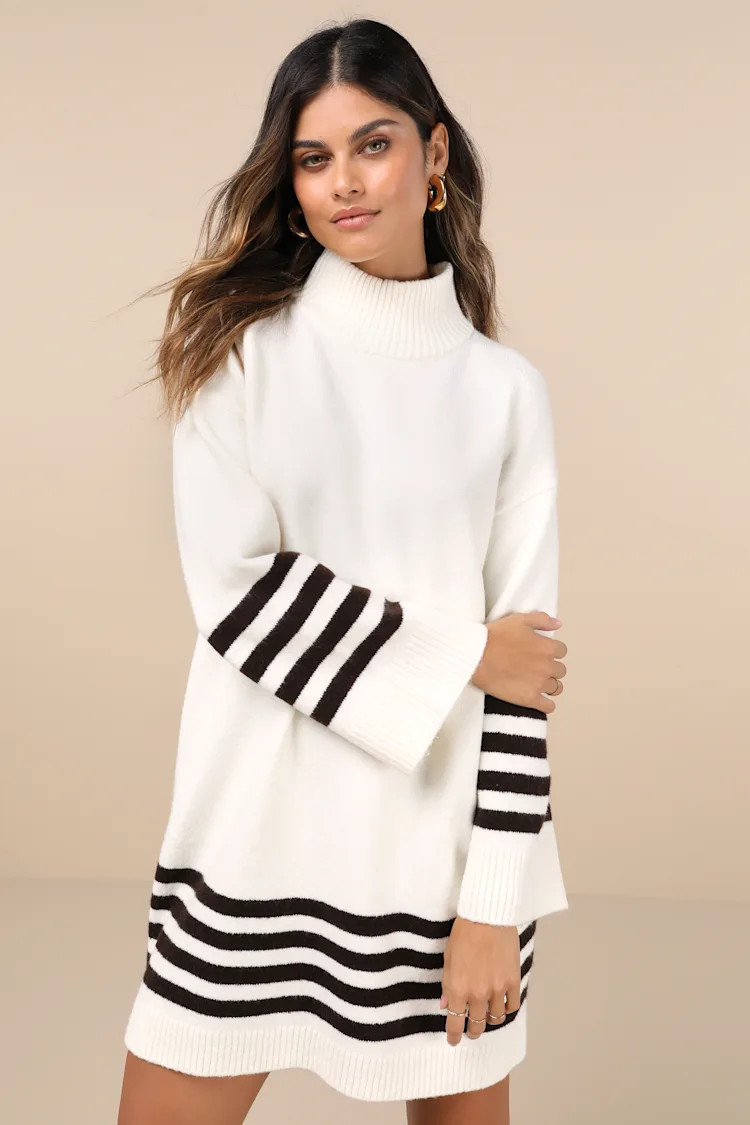 Comfiest Cutie Ivory Striped Mock Neck Mini Sweater Dress | Lulus
