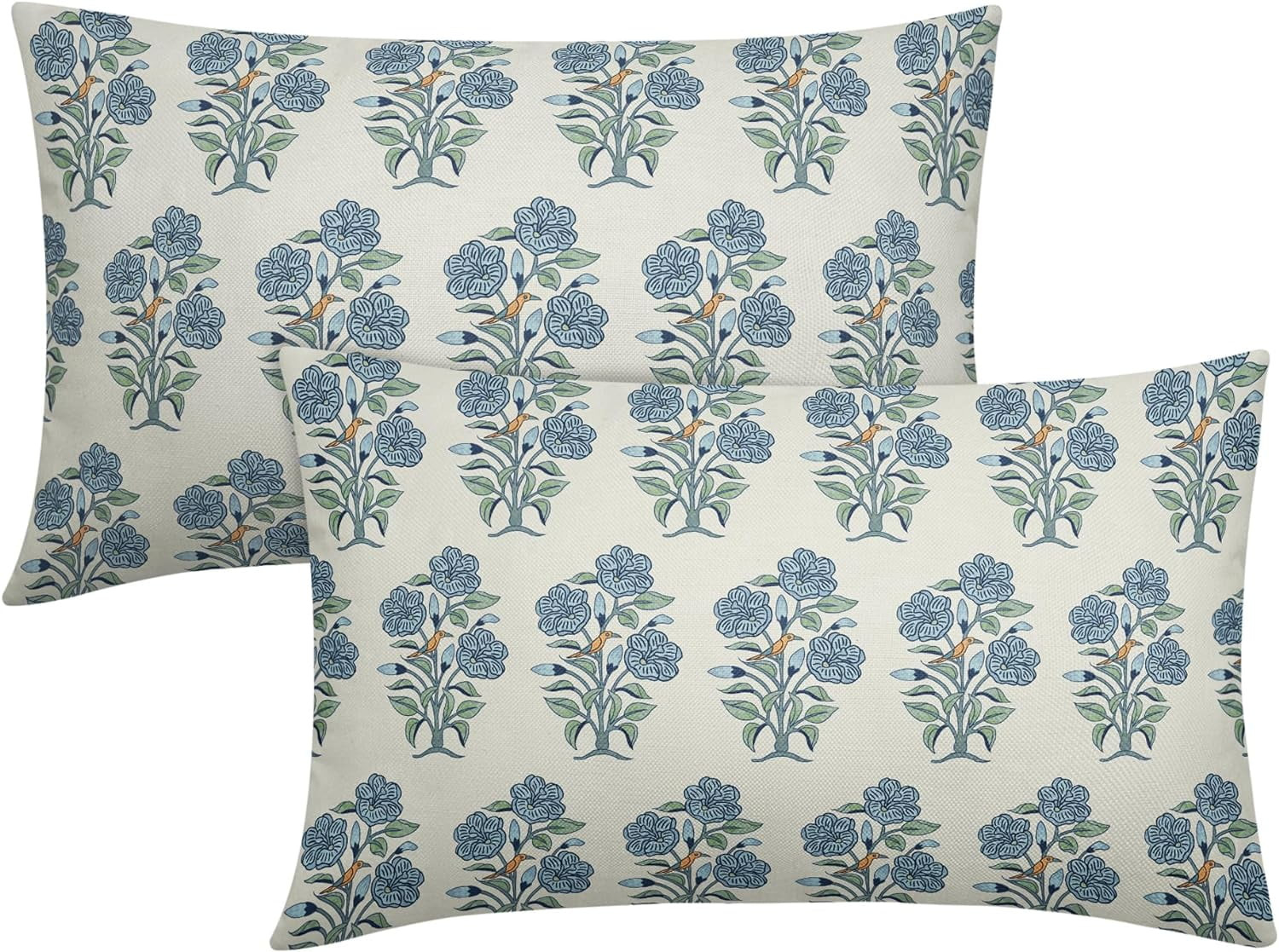 YCHII Blue Floral Block Print Pillow Covers 18x18 Light Blue Green Chinoiserie Flowers Birds Mons... | Walmart (US)