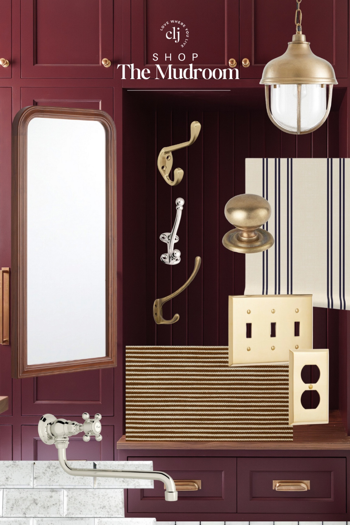 Shop The Room: The Mudroom

Wall mirror, striped wallpaper, lantern pendant light, brass hardware, brass outlet covers, striped fabric, pot filler, copper dog bowl, wall hooks, mirrored tile

#LTKFindsUnder50 #LTKHome #LTKStyleTip