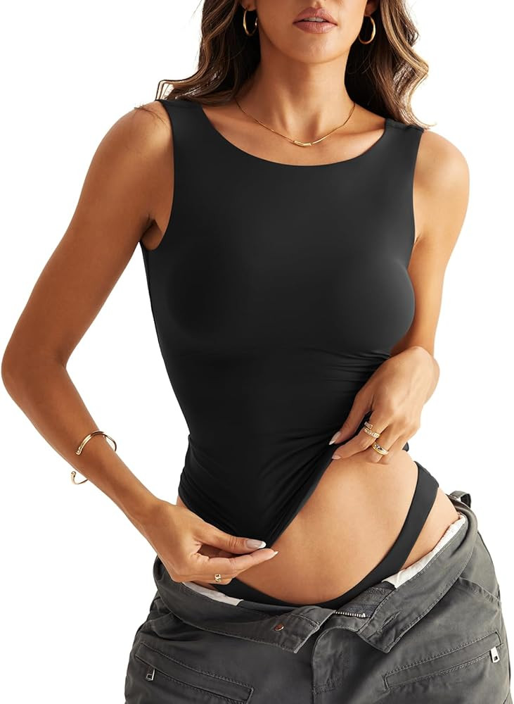Women Backless Boat Neck Tops Double Lined Sleeveless Tank Tops Basic Fitted T Shirts 2024 | Amazon (US)