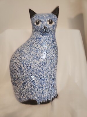 Vintage N. S. Gustin Hand Sponge Painted Blue Cat Ceramic Folk Art 13" | eBay | eBay US