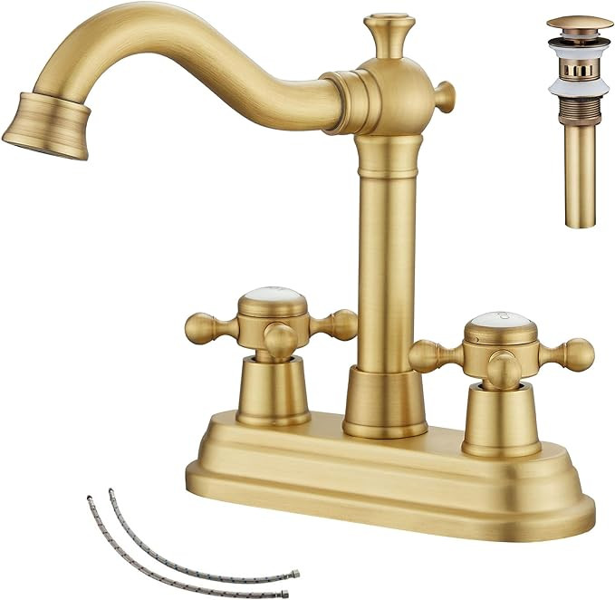 GGStudy Bathroom Faucet Antique Brass 2 Handles 4 Inches Centerset Bathroom Vanity with Drain Ass... | Amazon (US)