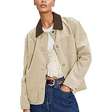 HangNiFang Women's Oversized Cotton Jacket Button Down Contrast Collar Barn Jacket Casual Loose C... | Amazon (US)