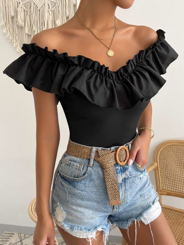 Rafferiza Off Shoulder Ruffle Trim Tee | SHEIN