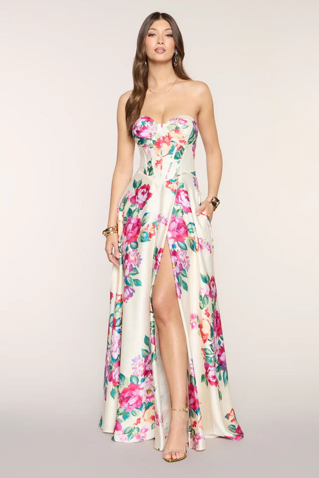 Nyla Satin Floral A-Line Formal Dress | Windsor Stores