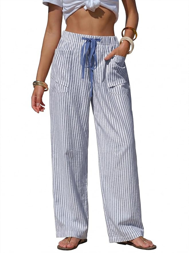 EXLURA Womens Summer Striped Pants Faux Linen Comfy Drawstring Wide Leg Pants Pockets Resort Beac... | Amazon (US)