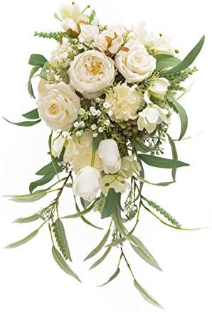BenCentre 12" White & Greenery Wedding Bouquet Fabric Austin Rose Mix Artificial Flowers, Ivory Brid | Amazon (US)