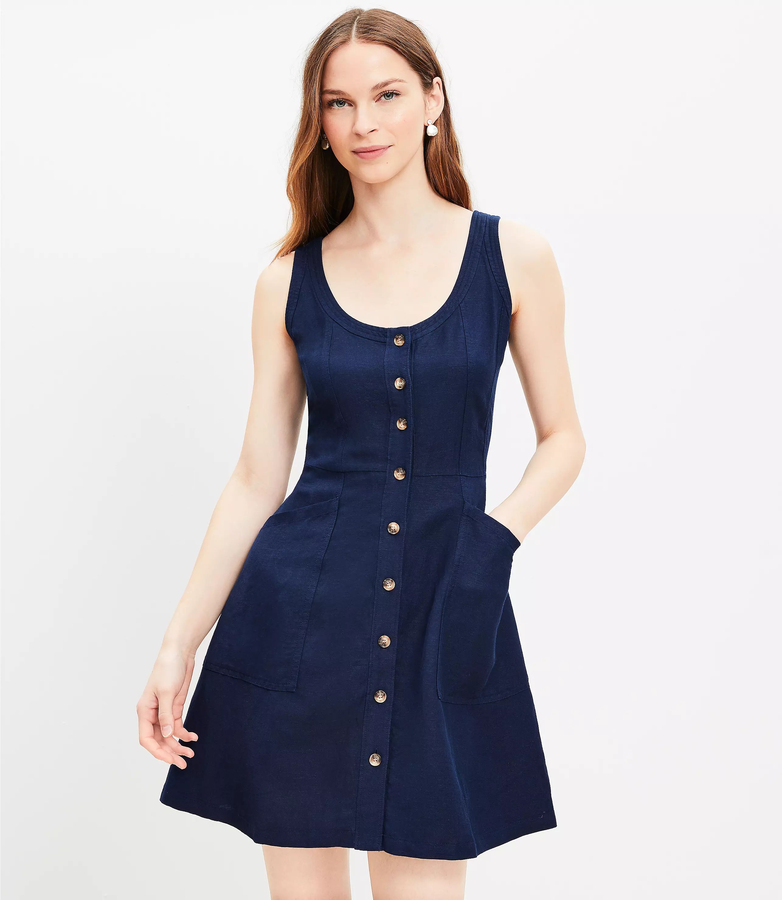 Petite Linen Blend Scoop Neck Mini Pocket Dress | LOFT