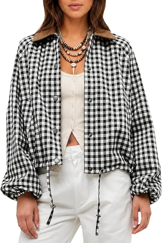Womens Gingham Plaid Cropped Jacket Corduroy Collar Bomber Jacket | Amazon (US)