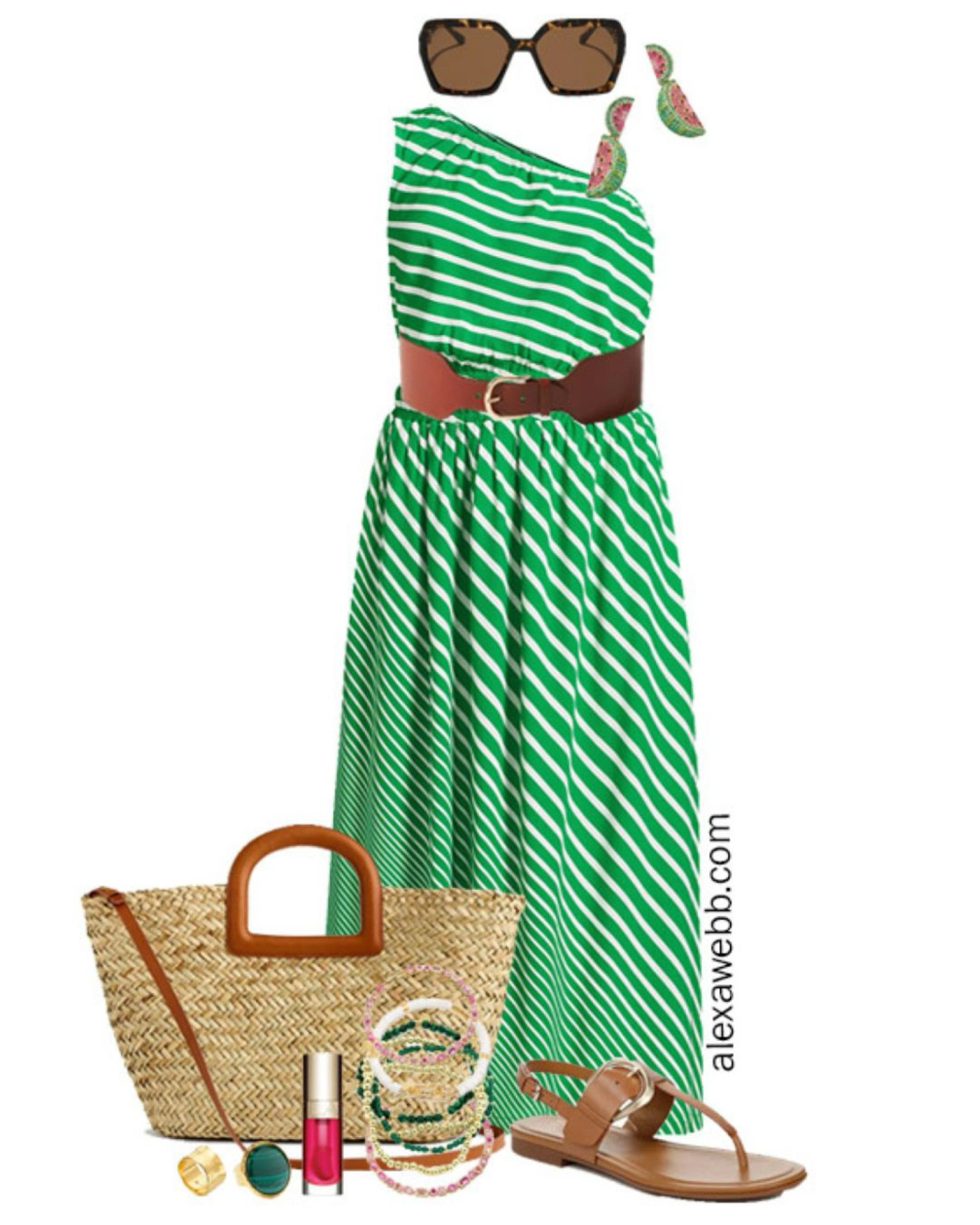 Plus Size One Shoulder Green Dress Outfits 1 - A plus size casual summer outfit with a green striped dress, belt, straw tote, and flat sandals. Alexa Webb

#LTKSeasonal #LTKPlusSize #LTKStyleTip